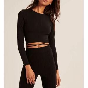 NWOT Abercrombie & Fitch Black Long Sleeve Ribbed Tie Waist Top Women's Large